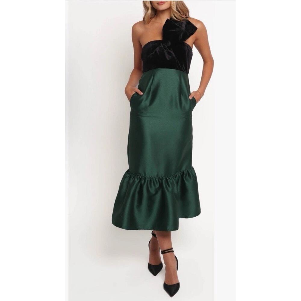 Petal & Pup Amelia One-Shoulder Velvet & Satin Midi Dress Emerald Black Sz L NEW